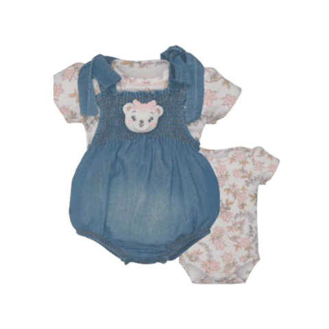 Banho De Sol Com Body Bebê Menina Azul Lisa Floral Ursa