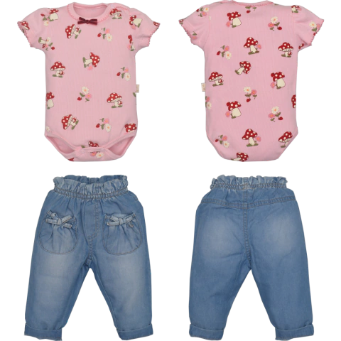 Conjunto Body Rosa Com Culote Jeans Bebê Menina Lucila