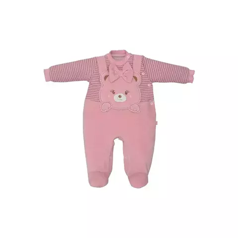 Macacão Bebê Menina Manga Longa Rosa Ursinha Malha Upi Uli