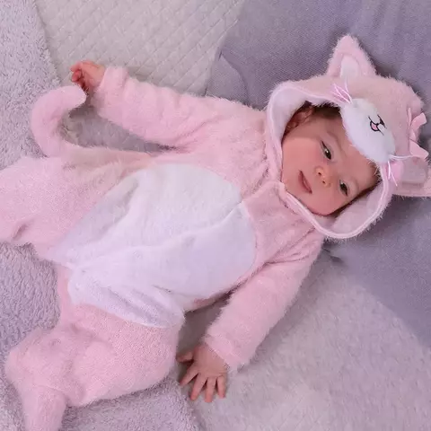 Macacão Bebê Menina Longo Gatinha Rosa Fofinho Upi Uli