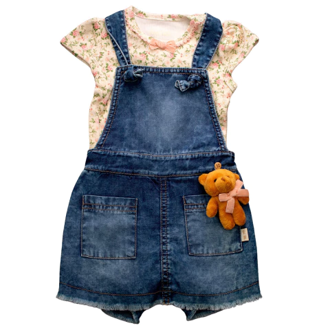 Jardineira Com Body Bebê Menina Algodão Azul Jeans Upi Uli