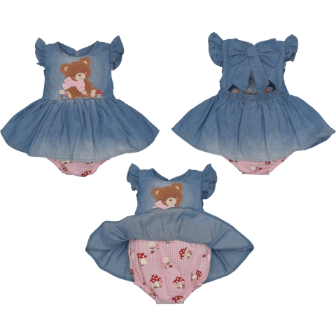 Macaquinho Jeans Azul Bebê Menina Bordado Ursinha Upi Uli