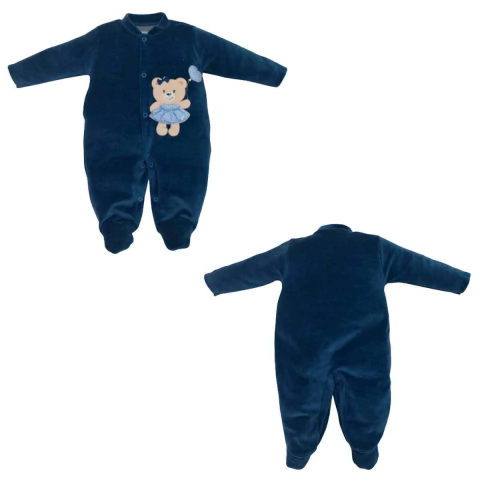 Macacão Bebê Menina Longo Veludo Bordado Ursinha Upi Uli