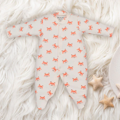 Macacão Molecotton Bebê Estampada Raposinhas Marfim Upi Uli