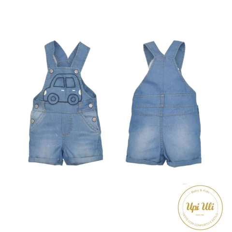 Jardineira D'Julio Azul Jeans Carrinho Bordado Bebê Menino
