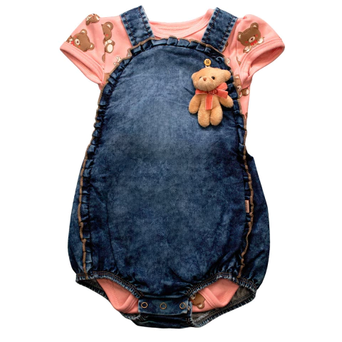 Conjunto Banho de Sol Com Body Jeans Bebê Menina Suedine