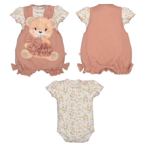  Conjunto Banho de Sol Com Body Bebê Menina Malha Ursinho