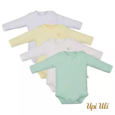 Kit bebê Body Manga Longa 4 Peças Unissex - Marfim, Verde, Amarelo e Branco