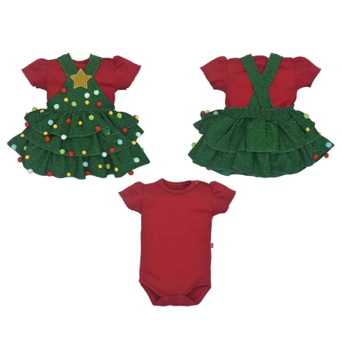 Conjunto Body Vermelho e Vestido Árvore de Natal Suedine