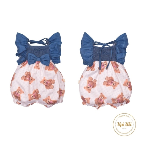 Banho De Sol Bebê Menina Azul Giovana Suedine Jeans Ursinho