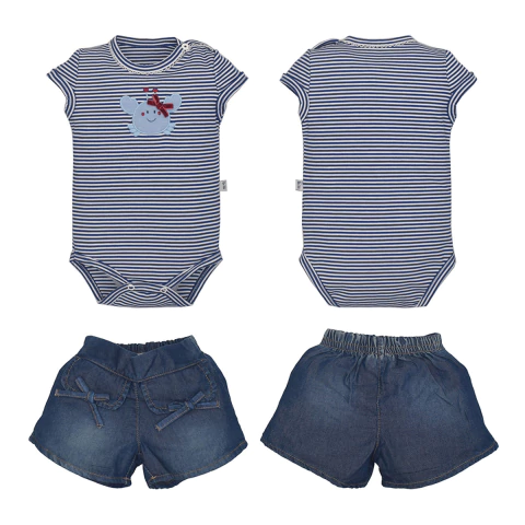 Conjunto Body Azul Short Jeans Bebê Menina Marbella Raquel 