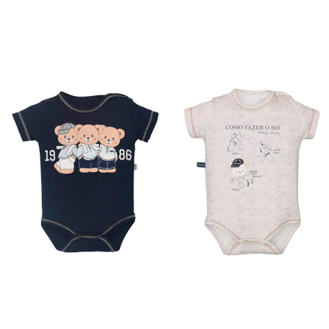 Kit 2 Body Bebê Menino Suedine Estampado Ursinho Upi Uli