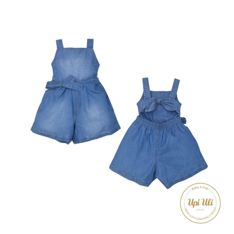Macaquinho Com Alça Infantil Menina Azul Alicia Jeans Laço