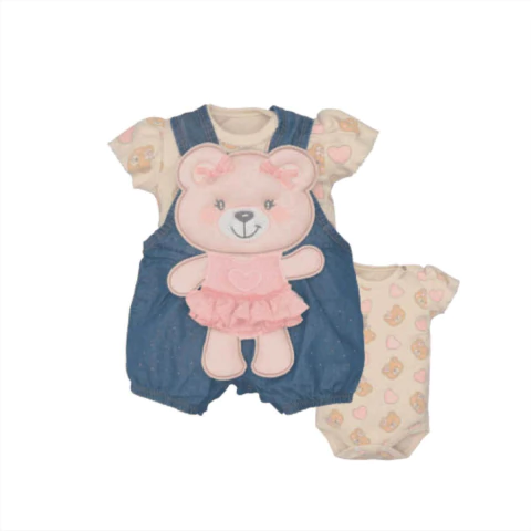 Banho De Sol Com Body Bebê Menina Azul Mariana Jeans Ursinho