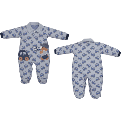 Macacão Pezinho Manga Longa Azul Urso Bebê Menino D'Julio