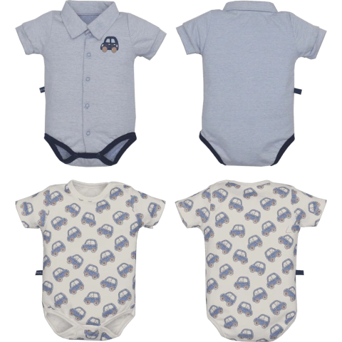 Kit 2 Body Bebê Menino Azul Jeans Estampado Carrinho Upi Uli