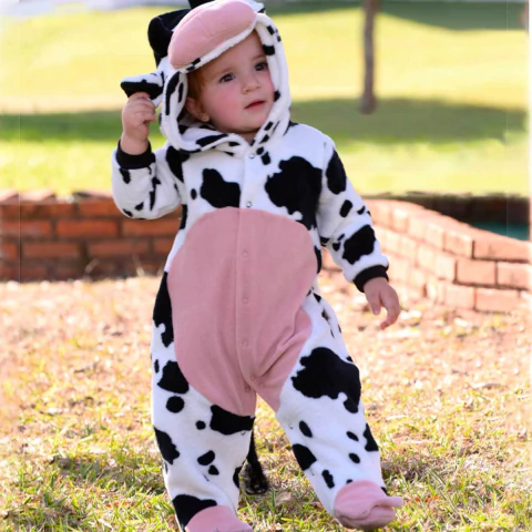 Macacão Bebê Com Capuz Divertido Pelúcia Inverno Vaquinha