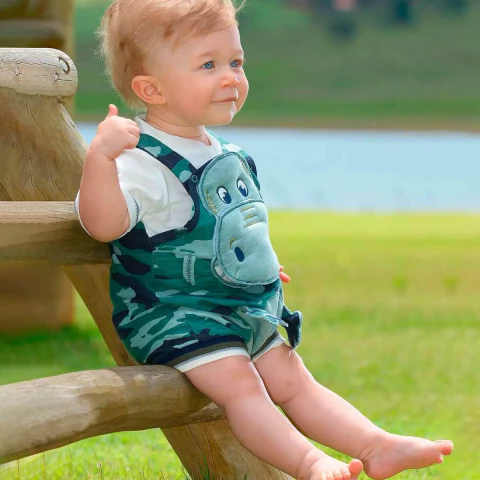 Macaquinho Bebê Menino Algodão Bordado Hipopótamo Upi Uli