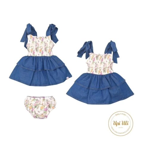 Vestido Com Calcinha Bebê Menina Azul Olivia Jeans Floral