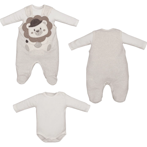 Jardineira Com Body Bebê Manga Longa Marfim Lee Ursinho