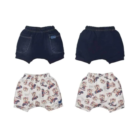 Kit Shorts 2 Peças Bebê Suedine Jeans Estampado Urso Upi Uli