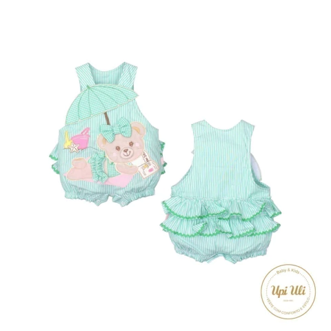 Banho De Sol Bebê Menina Verde Ana LIz Listrado Ursinho