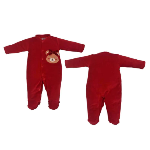 Macacão Com Pé Bebê Menina Veludo Bordado Ursinha Upi Uli