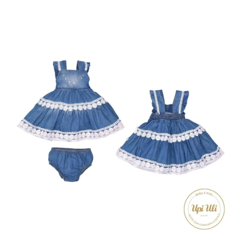 Vestido Alça Com Calcinha Bebê Menina Azul Jeans Renda Eloa