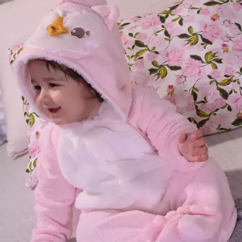 Macacão Bebê Menina Manga Longa Corujinha Rosa Fofo Upi Uli