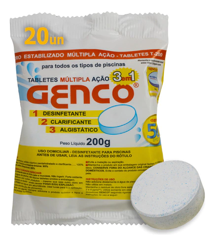 Pastilha De Cloro Genco Tablete Piscina Multi Ação 3em1 200g