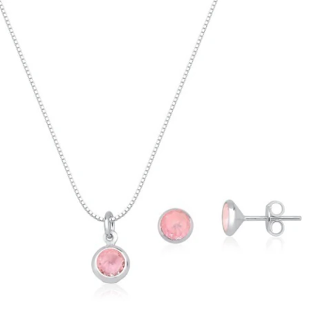 Conjunto Brinco e Colar Zirc 6mm Redonda Cravação Inglesa - Lohai Pratas
