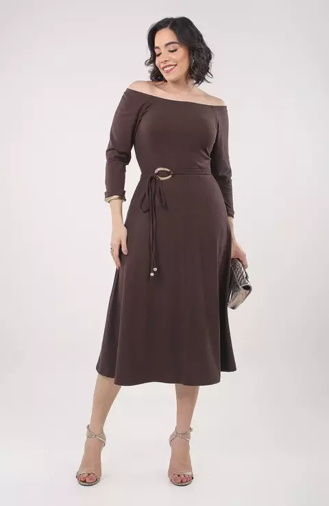 Vestido Canelado Liso - Marrom - comprar online