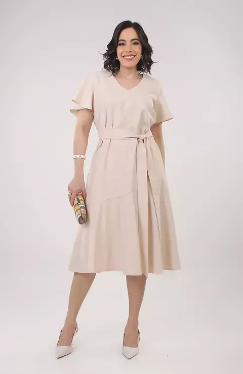 Vestido Marrant com Manga e Faixa - Areia - comprar online