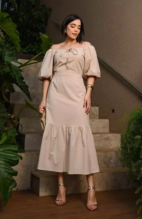Vestido Midi Tricoline - Bege - comprar online