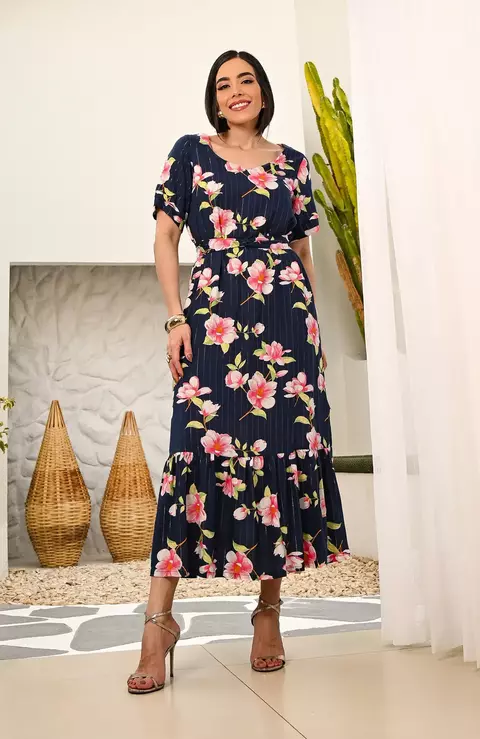 Vestido Maxi Midi Estampado - Azul Marinho - Ref 7939 - comprar online