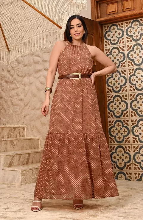 Vestido Poá Chiffon - Marrom - Ref 7958 - comprar online