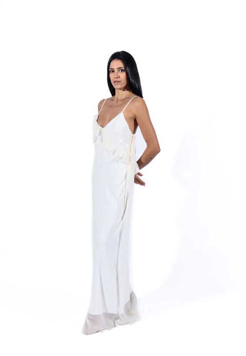 Vestido Longo com Decote nas Costas e Babados