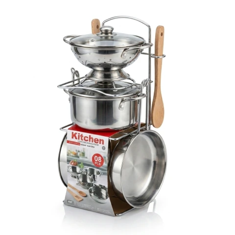 Set Cocina Infantil Ollas y Colador Metálicos 8 Piezas