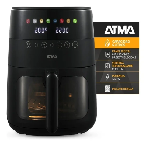 Freidora de aire Atma FR246ABP c/visor 6Lts 1750Wtts Panel digital 8 funciones Negra