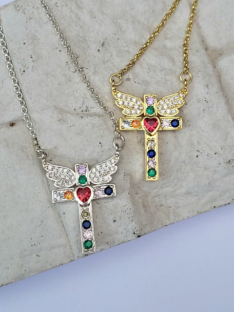 Colar banhado - Cruz com Zircônias Coloridas
