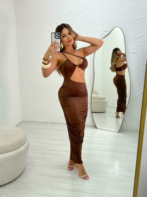 Vestido Poliamida Detalhes Marrom - comprar online