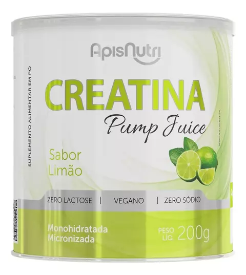 Creatina Pura Pump Juice Sabor Limão Zero Sódio Vegano Apisnutri