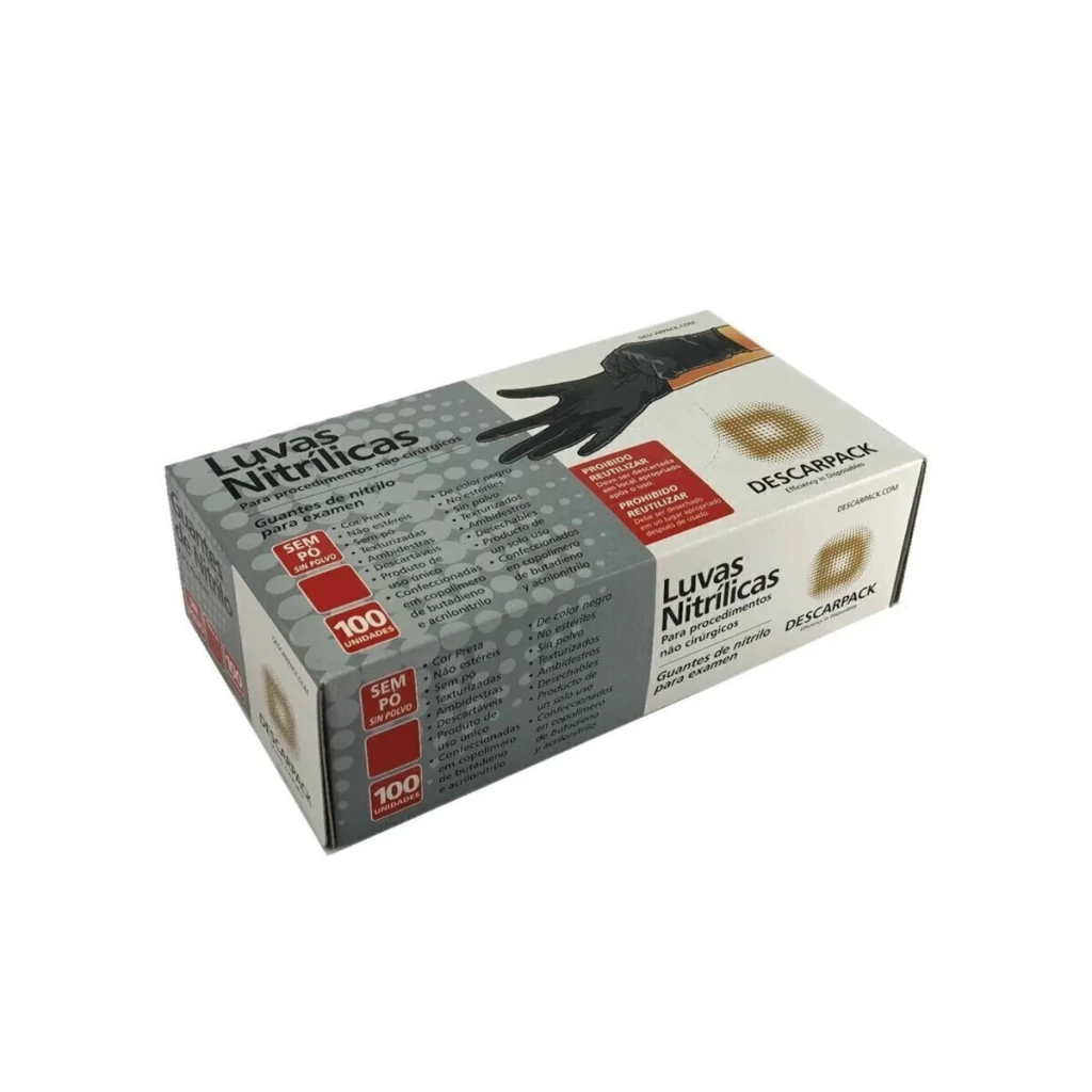 Luva nitrílica sem pó cor preta Descarpak 100un tamanho G