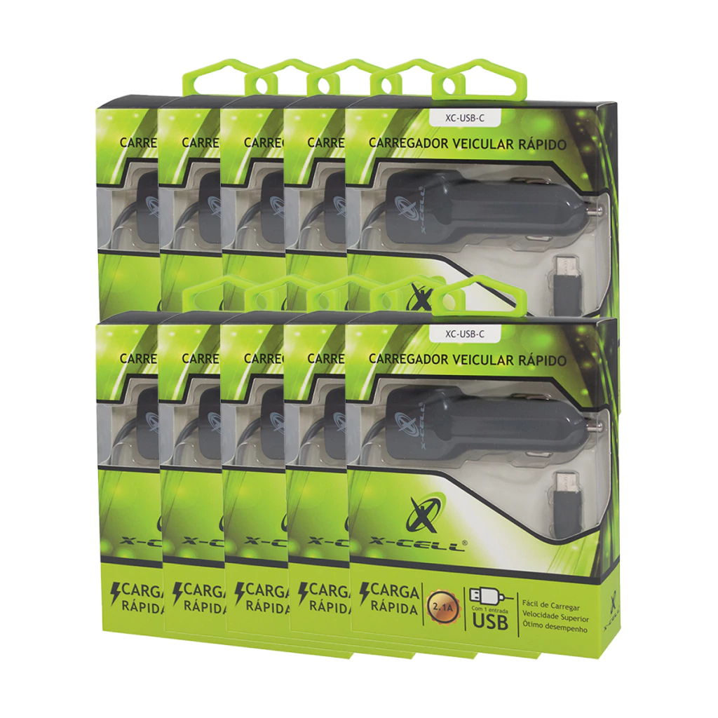 Kit com 10 Carregador veicular rápido com cabo Tipo-C e entrada USB Mod. XC-USBC