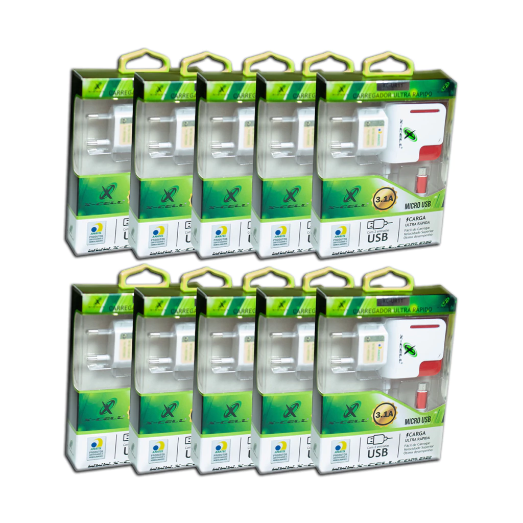 Kit com 10 un de carregador de celular ultra rápido v8 com 2 entradas USB X-Cell mod: XC-UR11