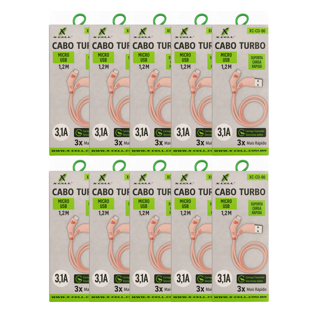 Kit com 10 cabos de dados micro USB V8 3.1A turbo marca X-Cell mod: XC-CD90