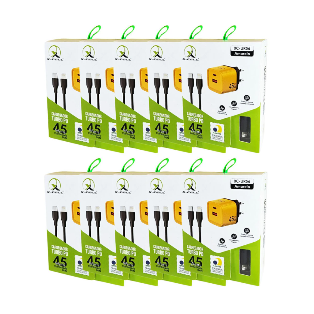 Kit com 10 uni de carregador ultra rápido bivolt 5A 45W GaN para iPhone Lightning X-Cell