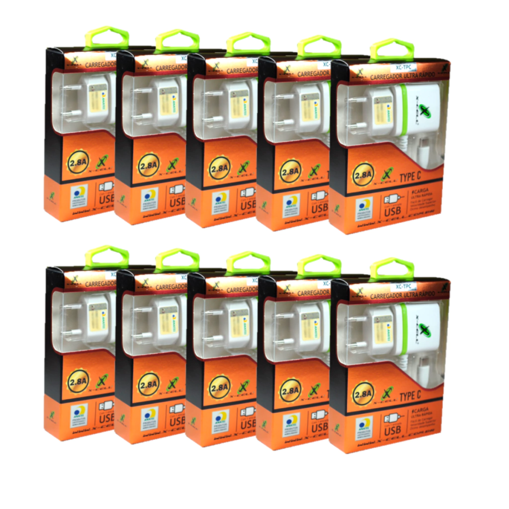 Kit com 10 carregador ultra rápido bivolt 2.5A com cabo tipo C e entrada USB X-Cell mod: XC-TPC