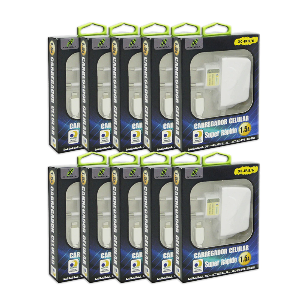 Kit com 10 un de carregador de celular rápido 1.5A com cabo Lightning X-Cell mod. XC-IP5