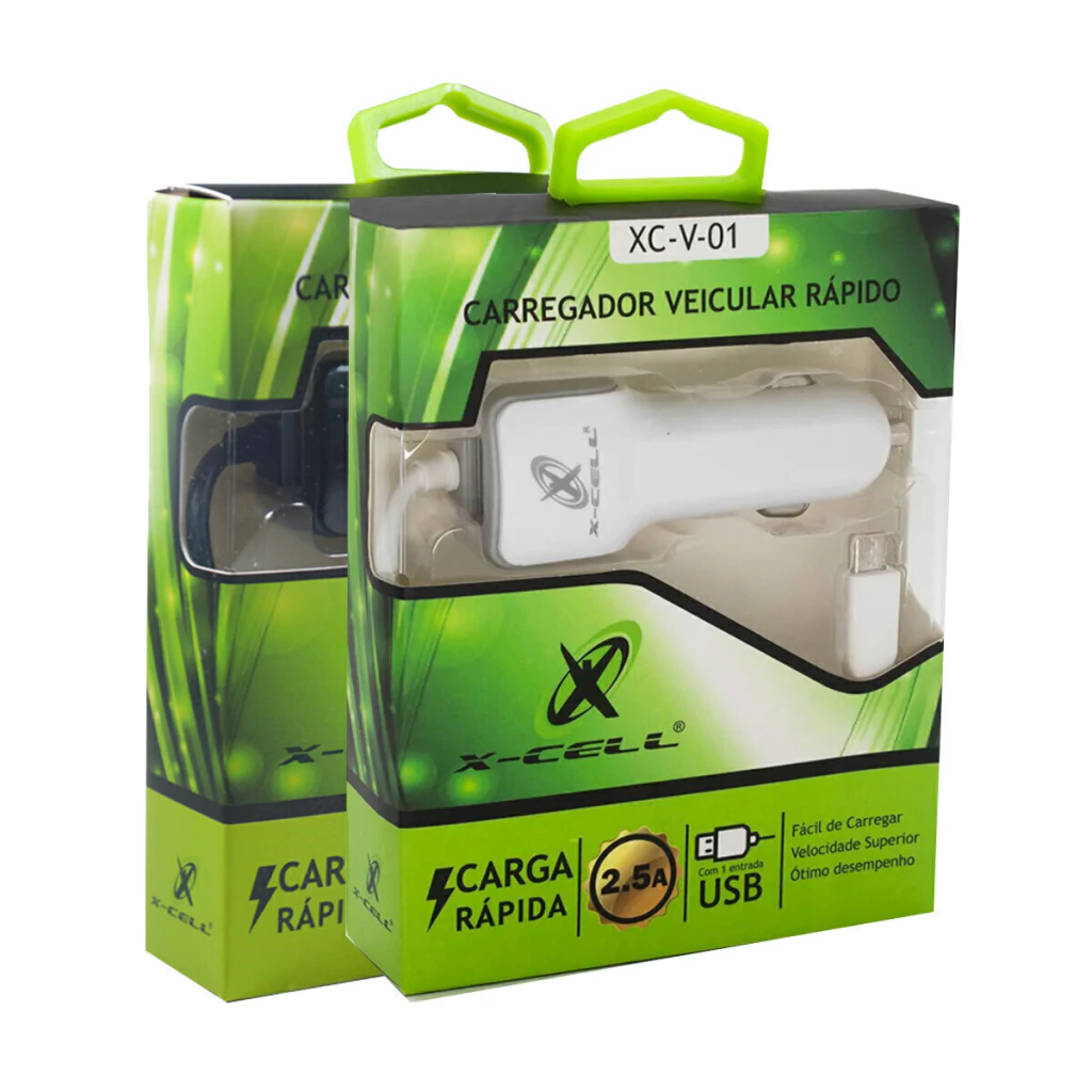 Carregador veicular rápido com cabo Micro USB e entrada USB